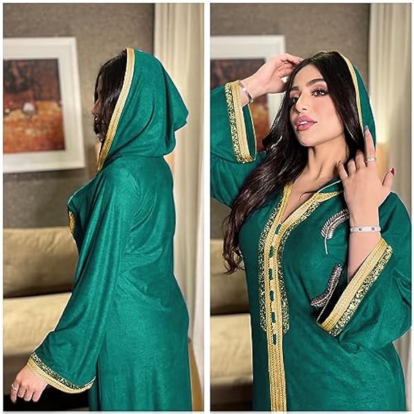 Shoudian Mq001 etnisk kappa med huva kaftan med diamanter och strykning muslimsk stil